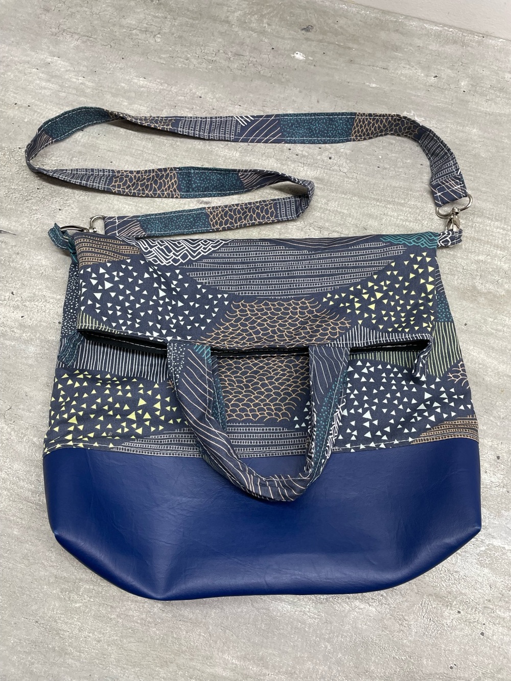 Patterned Navy Canvas & Blue Faux Leather Crossbody Tote